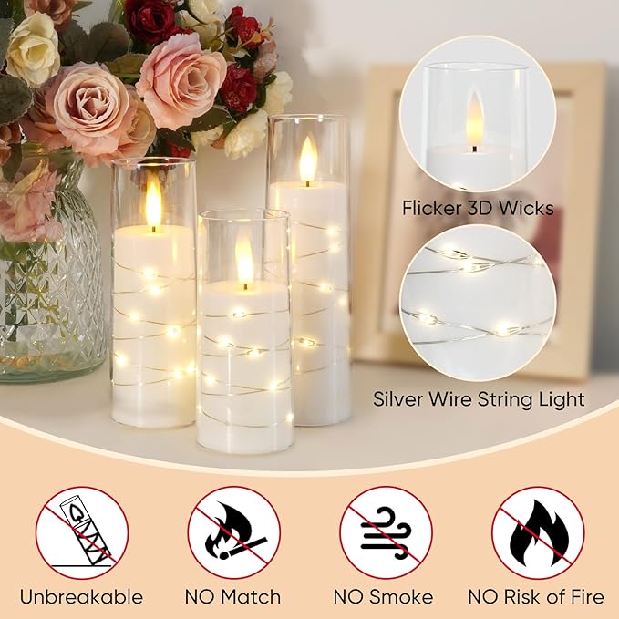 Raycare Flameless Candle with Remote Timer – 5 Flickering Acrylic Battery Operated LED Pillar Candles with Embedded Star String for Christmas, Home Decor, and as a Gift(White)