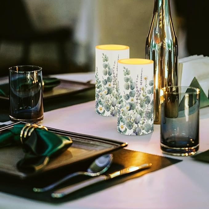 Floral Leaves Flameless Candles 2 Pack 6 x 3 inch Battery Operated Candles with Multicolor Timer Remote Control LED Fake Candles for Warm Light Dinner Table Home Decor