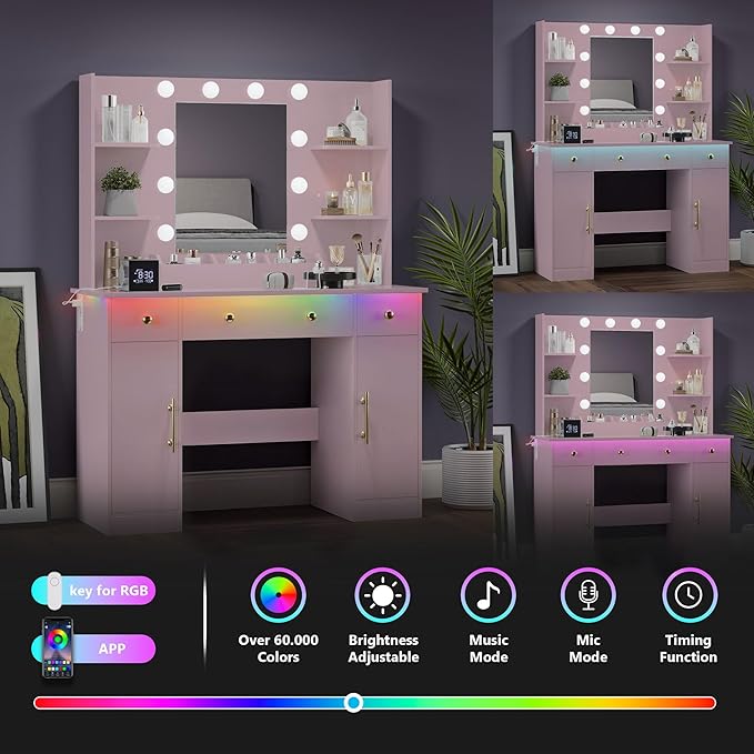 Makeup Vanity Desk with Mirror and Lights, 43" Pink Vanity Set with 3 Drawers, Power Outlet & Adjustable RGB LED Lights, Dressing Table with Storage Shelf for Women & Girls Bedroom