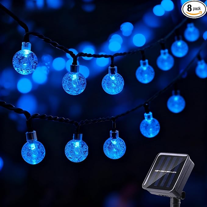 20 LED Decorations Crystal Globe Solar String Extra-Bright Outdoor Lights with 8 Lighting Modes Waterproof Solar Powered Patio Hanging Light for Garden Yard Porch Wedding Party Decor(Blue)