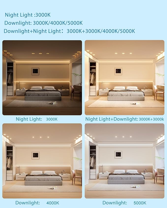 Lightdot 6" LED Recessed Lighting w/Night Light, Triac Dimmable, 12W 3000K/4000K/5000K Adjustable, Memory, CRI＞90, Retrofit, Gray w/Clear Acrylic Trim - 6 Pack