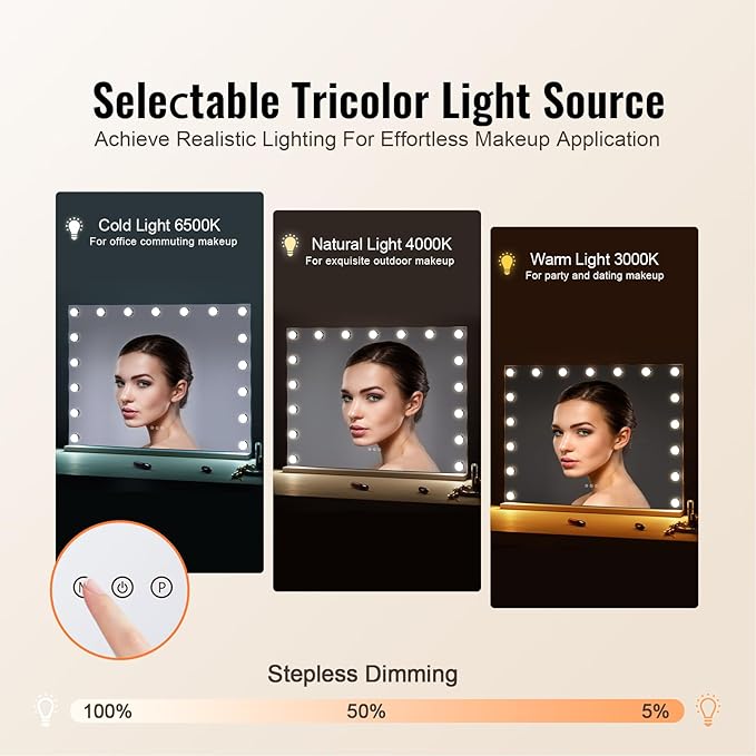 VEVOR Hollywood Vanity Mirror with Lights, 17 Dimmable Bulbs &3 Color Lighting Modes, Makeup Mirror w/Detachable 5X Magnification,USB Port, Smart Touch Control,Desktop Wall-Mount(31.5x23.6in, White)