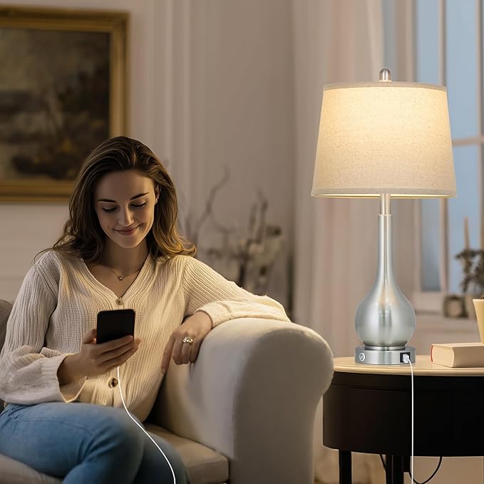 26" Silver Metal Table Lamps Set of 2 for Bedrooms, Touch Control Bedside Lamps for Nightstand with Charging Port, 3-Way Dimmable End Table Lamp for Living Room (2 LED Bulbs Included)