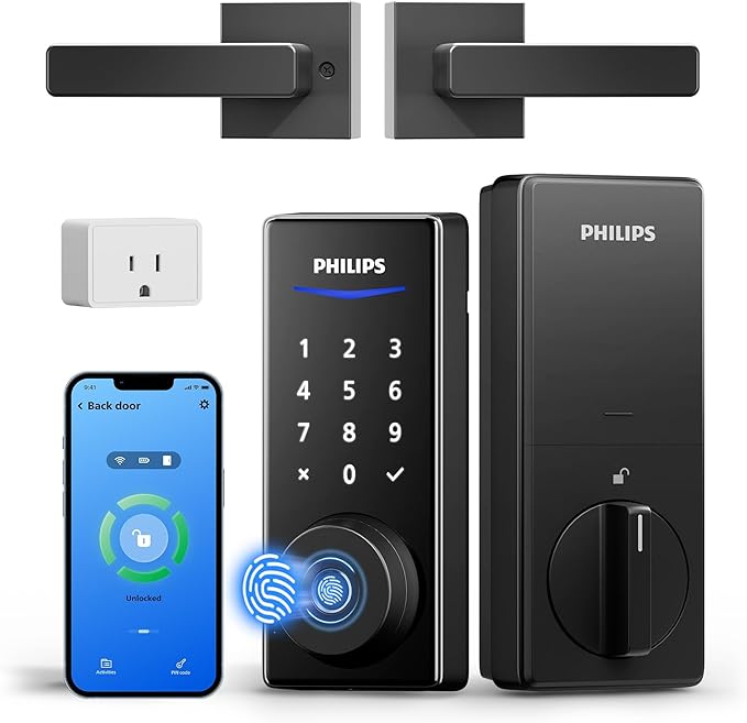 Philips WiFi Smart Lock with Handle, Fingerprint Keyless Entry Door Lock with WiFi Bridge, Smart Locks for Front Door with Handle Set, APP Remote Control, Voice Control, Auto-Lock, Matte Black