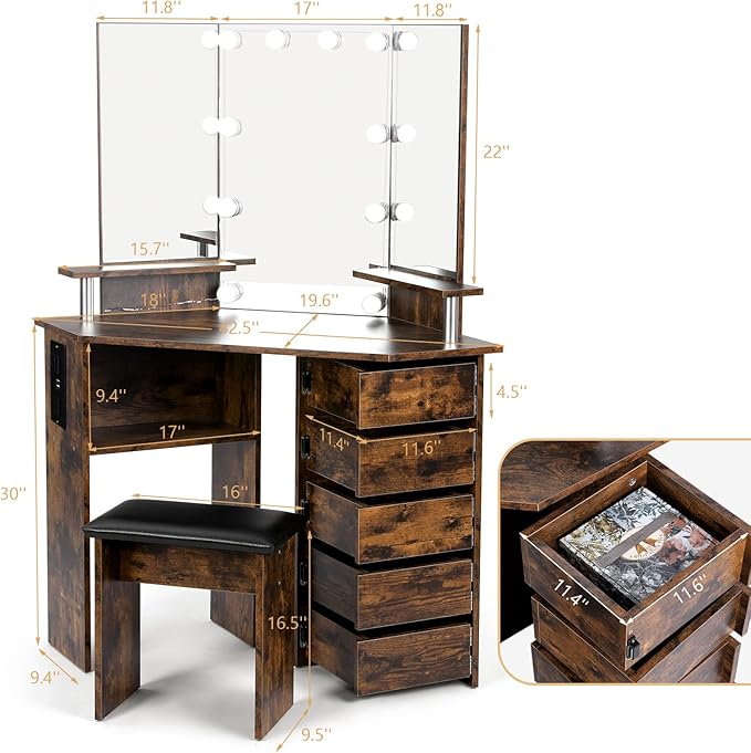 VOWNER Vanity with Lights - Makeup Vanity Desk with Power Outlet, 3 Color Lighting Options Brightness Adjustable, Vanity Table with 5 Rotating Drawers, Shelves and Stool for Bedroom, Rustic