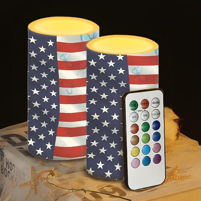 Flameless Candles LED American Flag Decorative Candles Butterfly Print Battery Operated Ornage Flickering Candles with 18-Key Remote Timer Pillar for Home Living Room Party Table Decorations
