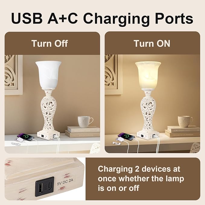 Bedside Table Lamps for Bedroom Set of 2, 3-Way Dimmable Nightstand Lamps with 2 USB Charging Ports, 20" Vintage Desk Lamps with White Alabaster Glass Shade for Living Room Entryway, LED Bulb Included