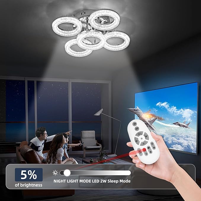 OKELI Modern Ceiling Light, 5 Rings 16.9'' Dimmable LED 49W Flush Mount Ceiling Lights with Remote Acrylic Crystal Round Ceiling Light Fixture, Bedroom Living Room Dining Room, Chrome