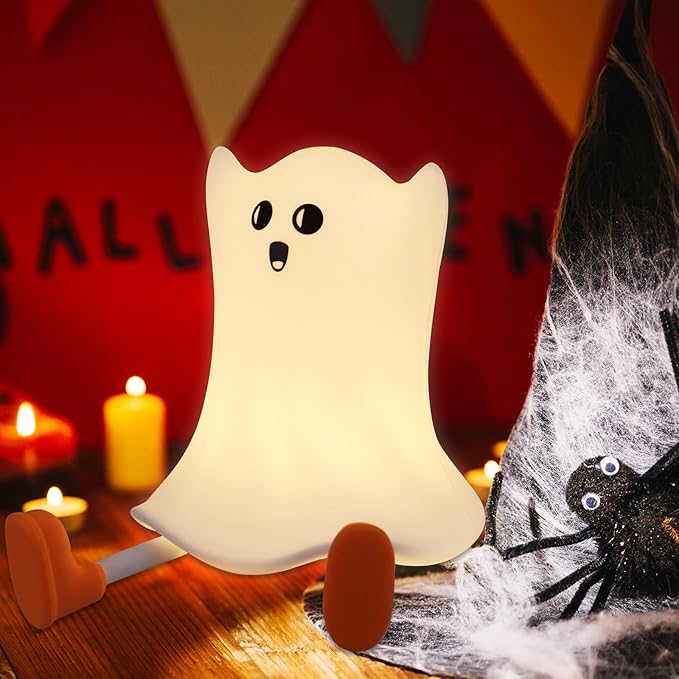 Ghost Night Light Silicone Cute Halloween Ghost Decor Night Light for Breastfeeding Squishy Ghost Nightlight Cordless Rechargeable Dimmable Touch Fun Bedside Light Lamp for Halloween Gifts