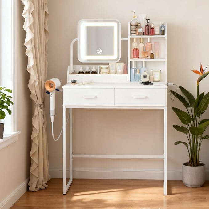 Compact Makeup Vanity for Girls with Mirror and Lights, Vanities Desk with 2 Drawers and Charging Station, Modern LED Lighted Bedroom Dressing Table, White