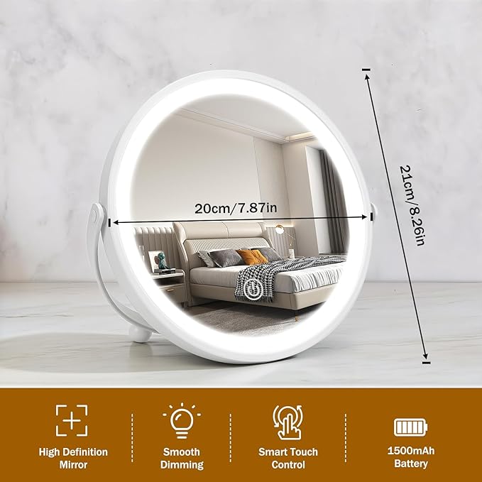 Travel Makeup Mirror, 8" Small Vanity Mirror with Lights, 1500mAH Battery, 3-Color Lighting, Dimmable, 360° Rotation, Round Portable Desk Mirror, Travel Essentials (White)