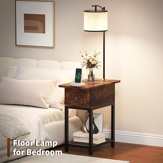 Floor Lamp with Table, Side Table with Lamp Attached, Narrow End Table with LED Lights and Charging Station, Nightstand with Wood Drawer for Living Room, Bedroom, Rustic Brown