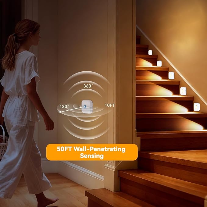 6 Pack Motion Sensor Stair Lights with 2 Separate Sensors-50FT Wall-Penetrating Remote & All Lights On Together,3CCT&Dimmable Step Lights,Wireless Stick On Lights for Hallway,Basement,Bathroom