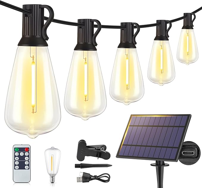 48FT Solar String Lights Outdoor with Remote, Waterproof Dimmable Patio Lights with 15+1 LED ST38 Bulbs 3 Modes Hanging Lighting for Backyard