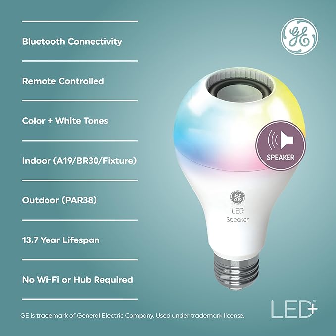 GE LED+ A21 LED Light Bulb, Indoor Color Changing Wireless Blutooth Speaker Light with Remote, 9W, Multicolor and Soft White (1 Pack)