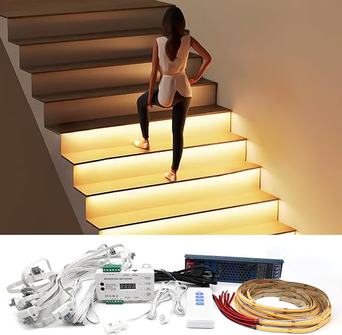 Intelligent Motion Sensor LED Stair Light Kit with Main Wire& Daylight Sensor, Step by Step Control 47.2 Inches Cuttable LED Strip Lights Indoor with Remote (16 Stairs,3000K)