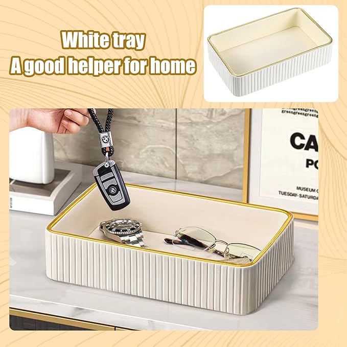 Rectangular Leather Nightstand Organizer & Bedside Table Organizer - Women's Purse Bowl, 9.5x2.2x6 Inches Ivory White, Perfect for Storing Jewelry, Perfume & Keys on Desk