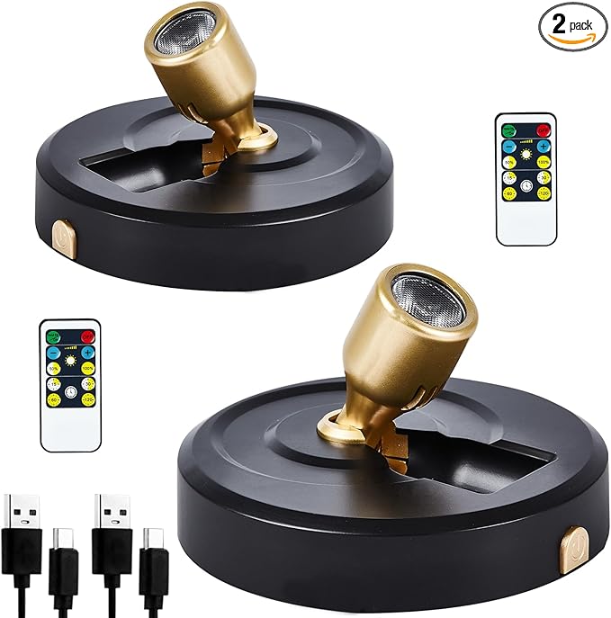 Spotlight Battery Operated, Wireless LED Spot Light, Dimmable 5000mAh Recharging Battery Picture Light with Remote Control for Wall Plant Tree Indoor Wall Display Painting Dartboard Artwork, 2 Pack