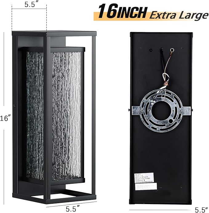 16'' LED Outdoor Wall Lights 2 Packs, 3000K Porch Lights Outdoor Sconce Lights with Water Ripple Glass, Modern Exterior Lighting Fixtures Outdoor Lantern, Outside Lights for House Garage Patio, Black