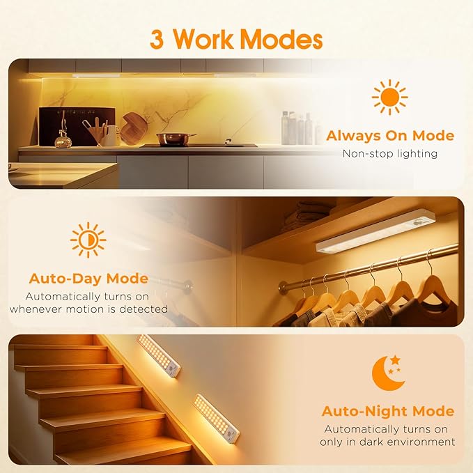 Under Cabinet Rechargeable Dimmable Lighting: 3 Color Temperature Motion Sensor Lights Indoor - Battery Operated Lights - Activated Closet Magnetic Wireless Led Light for Kitchen Home Bathroom 6 Pack
