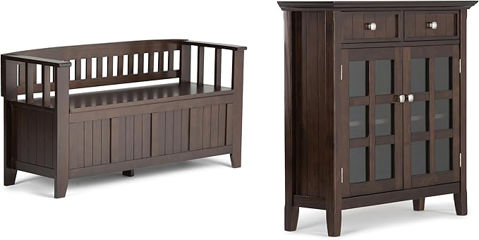 SIMPLIHOME Acadian Solid Wood 48 inch Wide Storage Bench that Seats 2 and 36 inch Wide Storage Cabinet in Brunette Brown for the Living Room, Entryway, and Family Room, Transitional Style