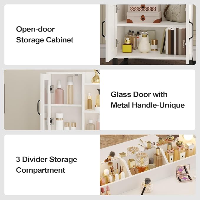 BTHFST Makeup Vanity Desk with Mirror and Lights & Charging Station & Makeup Stool, Vanity Table Set with Glass Top Storage Drawer & Beach & 3 Shelves for Bedroom (Modern White & Black)