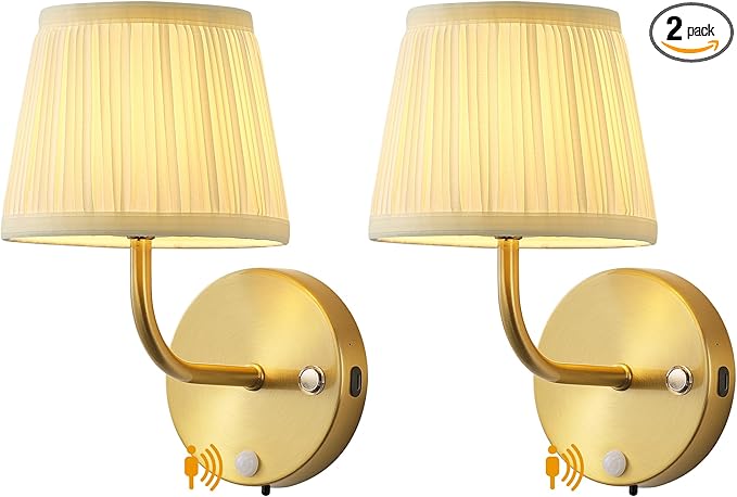 PUSU Motion Sensor Gold H9.6 inch Small Wall Sconces Set of 2, LED Cordless Rechargeable 5200mAh Battery Operated Fabric Wall Lamps with Remote, Lighting for Living Room, Bedroom, Hallway, Stairs