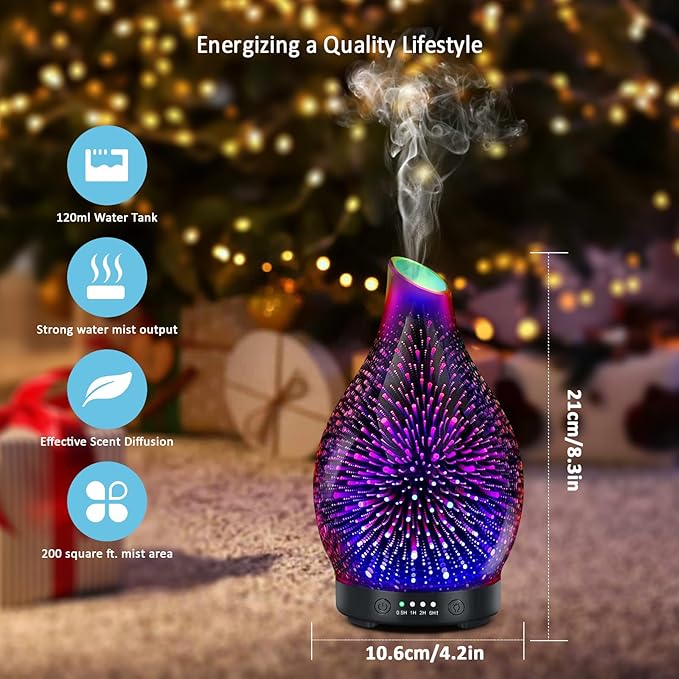 Essential Oil Diffuser 120ML -3D Firework Glass Aromatherapy Diffusers for Essential Oils with 4 Timer Setting Auto Shut-Off Silent Operation 7 Colors Lights Changing for Room, Office, Yoga