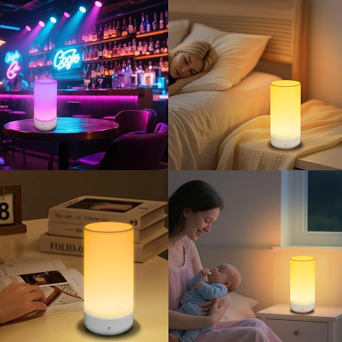 Colorful Life Rechargeable Night Light for Kids & Adults – Touch Sensor Bedside Lamp, Soft RGB & White Light, USB Charging, Dimmable Ambient Light for Bedroom, Hallway (White+Colorful, USB Charging)