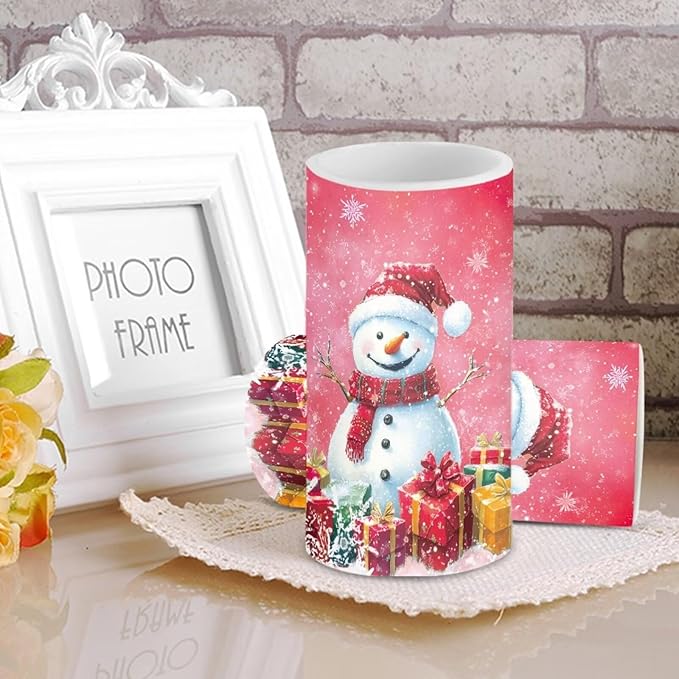 Flameless Pillar Candles Christmas Decorations Snowman Pink Snowflake Flameless Candles with 18-Key Remote Timer for Home Bedroom Living Room Dining Room Table Decorations Set of 2