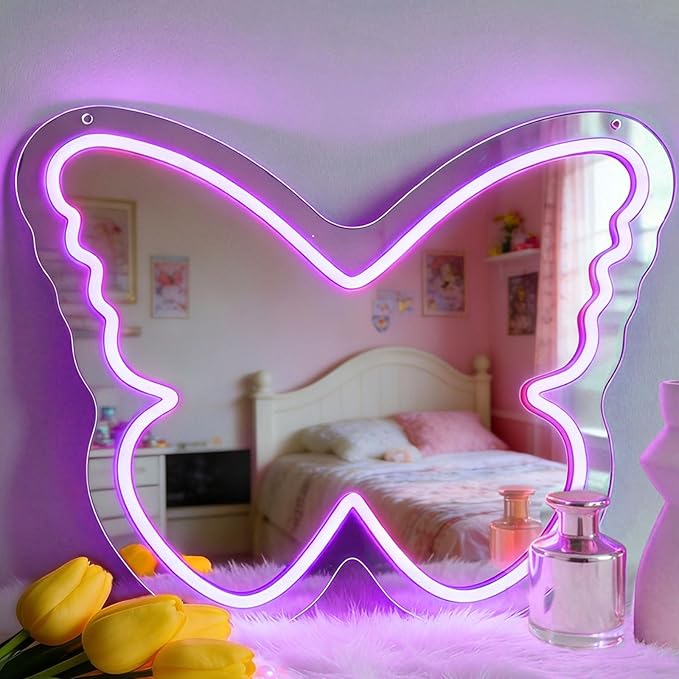 Butterfly Neon Sign with Mirror Backing - Dimmable LED Mirror Wall Decor for Girl's Bedroom, 16x12 Inch Glowing Purple Butterfly Vanity Mirror with Lights, USB Powered Kids Room Gift