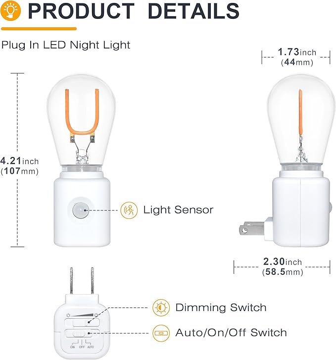Amber Night Light Plug in, Motion Sensor Blue LED Night Lights Plug Into Wall, Adjustable Brightness, U-Type 1W LED Night Lights for Kids, Bathroom, Bedroom, IHome Decoration, 1-Pack
