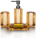 4-Piece Elegant Champagne Gold Bathroom Accessories Set — Soap Dispenser, Soap Dish, Mouthwash Cup & Toothbrush Holder, Glossy Acrylic with Champagne Accent, Vanity Countertop Organizer