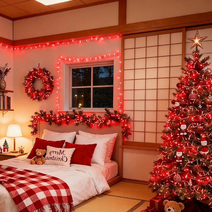 LAMPHOME 33ft 100 LED Red Valentine Lights, Connectable 16 Modes Valentine Room Light Indoor Plug-in, Clear Wire Red Christmas String Light Outdoor Waterproof for Valentine's Day Xmas Bedroom, Party