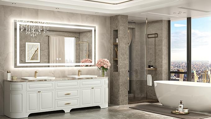 TETOTE 60 x 30 LED Lighted Bathroom Mirror with Lights, Brighter Front and Backlit Light up Mirror for Bathroom Vanity Wall, 3-Color Dimmable Illuminated Antifog Mirror, Waterproof, Tempered Glass
