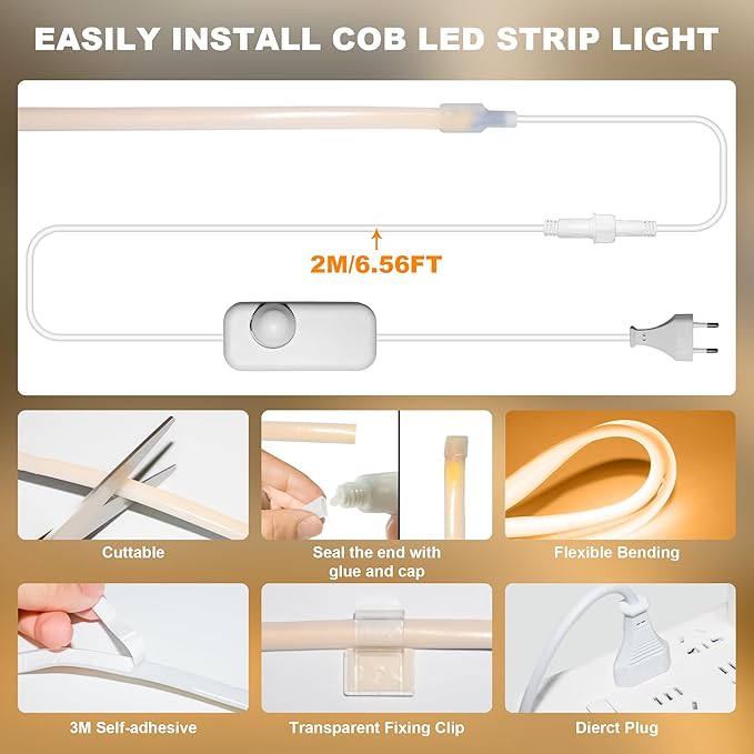 IP67 Waterproof COB LED Strip Lights AC 110V-120V Direct Plug, 66FT Super Bright Outdoor Strip Lights with Double Fuse Controller, 2700K Warm White LED Strips for Garden Patio Commercial Decor