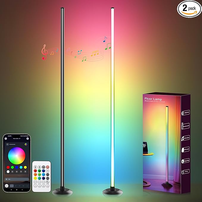 Led Corner Floor Lamp USB Powered with App & Remote Control, Color Changing Led Lamp Music Sync IC+RGBW, Timer, 64+ Music Modes, Standing Lamps for Living Room Lamp Bedroom Gaming Room, 2 Pack