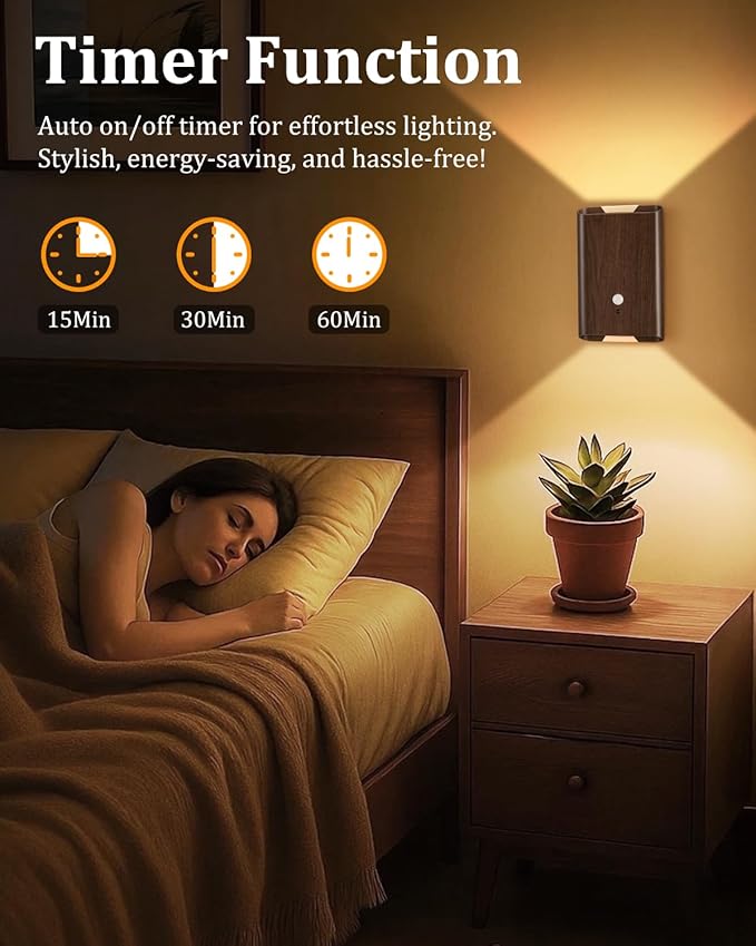 Motion Sensor Wireless Wall Sconce 2Pcs - Rechargeable Magnetic No-Drill, 3 Color Temp Dimmable Wireless Wall Light with Remote&Timer, Step Lights Indoor for Stair Bedroom Closet Hallway, Wood