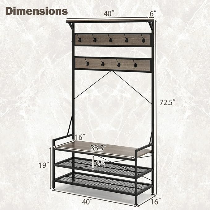 Giantex 4-in-1 Hall Tree with Bench and Shoe Storage, 72.5" Freestanding Coat Rack with Shoe Bench, 11 Hanging Hooks, Anti-Tipping Kits, Metal Mudroom Storage Organizer for Entryway, Hallway, Grey