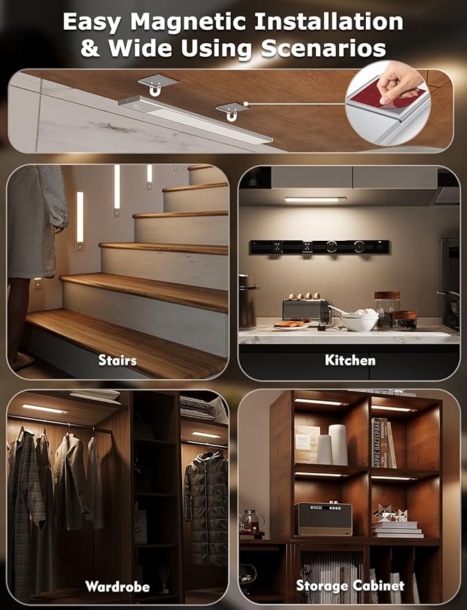 12" Ultra-Thin Under Cabinet Lighting Wireless, Aluminum Alloy Under Counter Lights for Kitchen, 3-Color-Temps Magnetic Closet Lights, Rechargeable Motion Sensor Light Indoor (4 Pack, Silver)