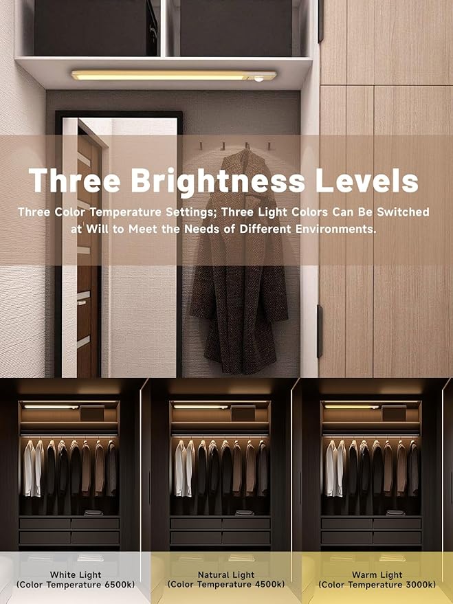 Intelligent Motion Sensor Light Strip, Punch-Free Smart Sensor Magnetic Rechargeable LED Lights Kit, Under Cabinet Night Light for Closet, Kitchen, 3 Dimmable Brightness & Color (2 Pack)
