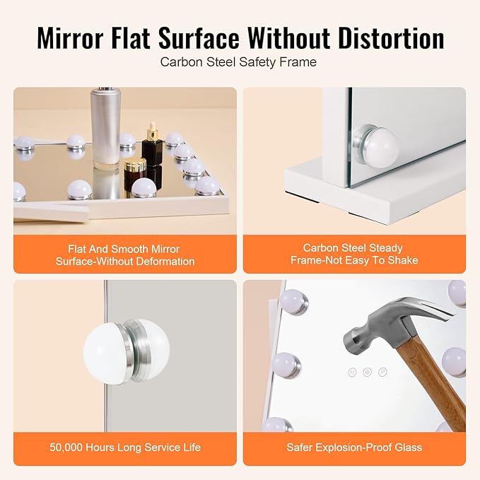 VEVOR Hollywood Vanity Mirror with Lights, 12 Dimmable Bulbs & 3 Color Lighting Modes, Makeup Mirror with Detachable 5X Magnification, Smart Touch Control, 360 Degree Rotation(16.1x11.8 in, White)