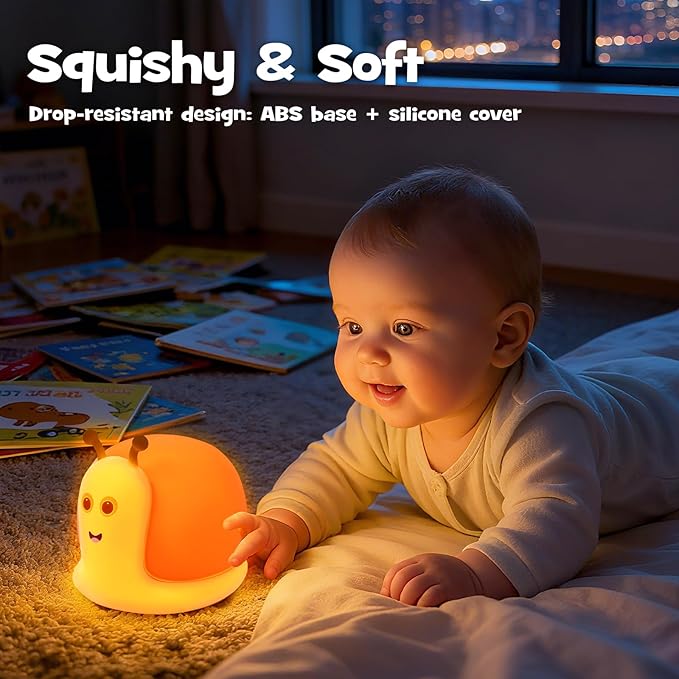 Cute Snail Night Light 2 Brightness Adjustable Fun Orange Slug Light with 30/60 Min Timer Squishy Nursery Breastfeeding Nightlight Rechargeable Silicone Touch Bedside Lamp for Home Bedroom Dorm Decor