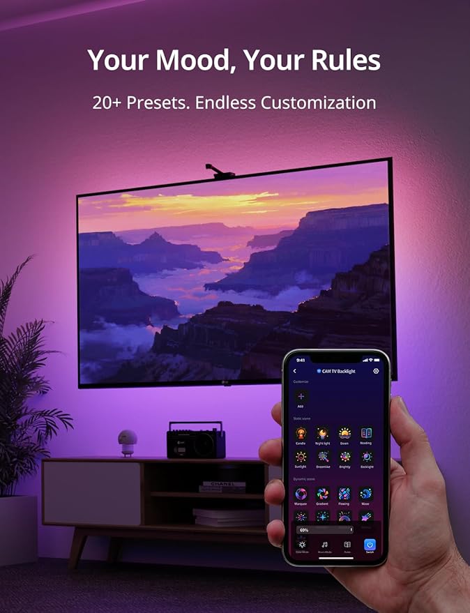 Ailofy TV LED Backlight with HD Wide-Angle Camera for 75-85 Inch TVs, Full-Screen Color Sync Lights for Gaming, Movies & Streaming, App Control, Works with Alexa & Google Assistant