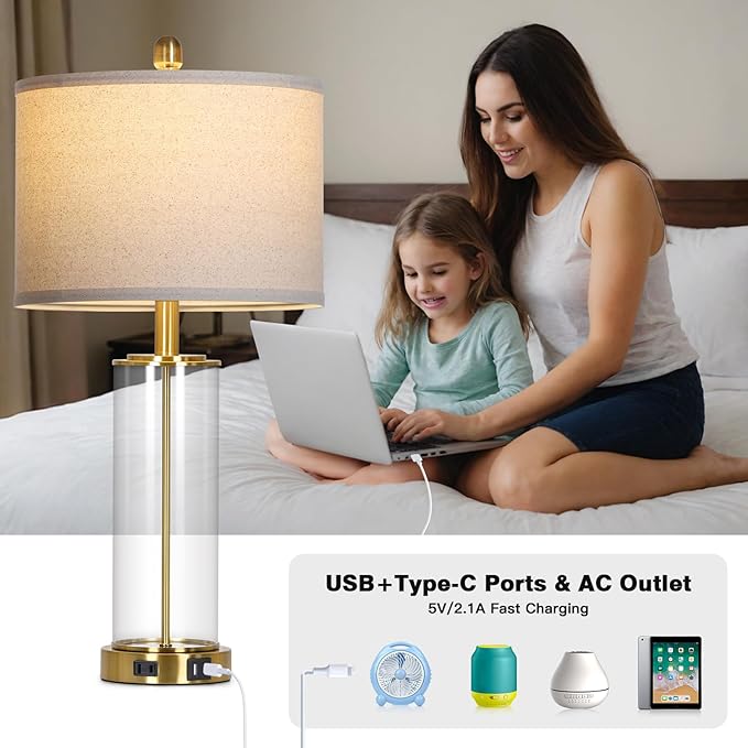 26" Glass Table Lamp Single, 3-Way Dimmable Touch Control Living Room Lamp with USB C+A Ports & AC Outlet, Modern Bedside Lamps, Bedroom Lamps for Nightstand Side End Table Desk, Gold-1PK