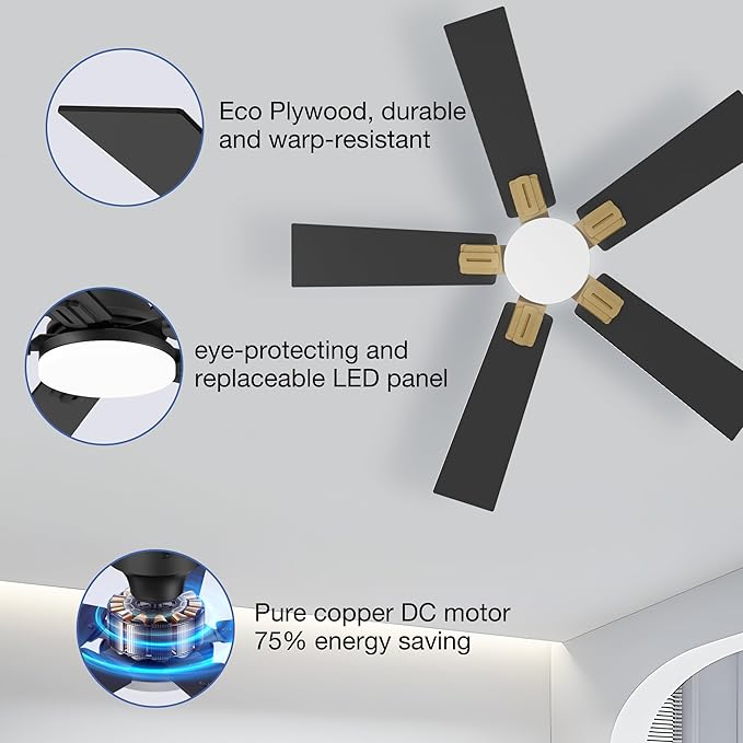 42 Inch Ceiling Fans with Lights,Smart Low Profile Ceiling Fan with Light and Remote Control,Modern Flush Mount Ceiling Fans for Bedroom,Patio,Porch,Outdoor Indoor Use,in Black White and Gold,Quiet