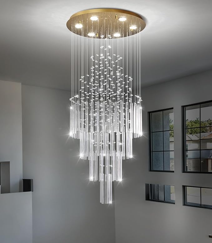 W20 x H40 Crystal Glam Chandelier Long Light Chandeliers with Dimmable Light Bulbs High Ceiling Light Fixtures for Foyer Entryway Living Room Stair Gold