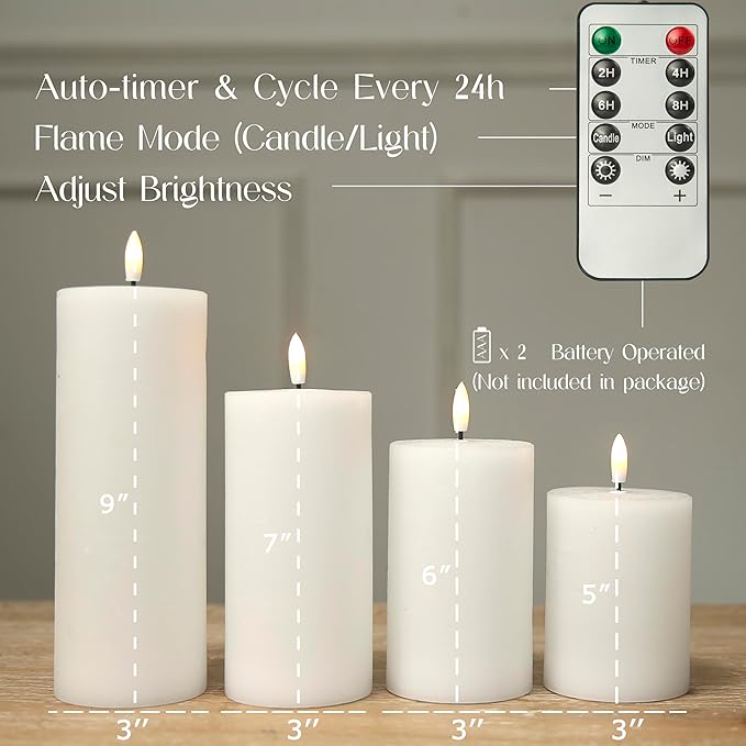 Flameless Candles, 4 Pack Battery Operated Candles with Remote, Real Wax LED Fake Candles with Timer Flickering for Christmas Wedding Home Party D3 H 5" 6" 7" 9" White