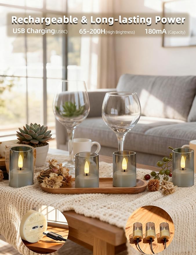 Rechargeable Acrylic Flameless Candles with Remote Timer, Flickering Warm White Tealights, Ideal for Home Decor Weddings Parties, Restaurants(Gray,Set of 6)