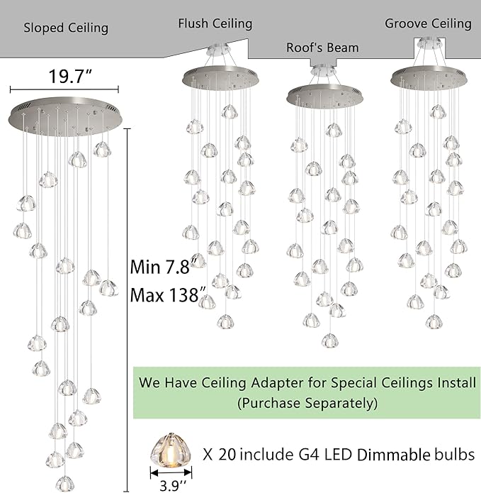 LED Glam Chandelier 138 inches Long Light Luxury Crystal Ceiling Chandeliers Remote Dimmable High Ceiling Pendants Lighting Fixtures Antique Gold 20 Lights